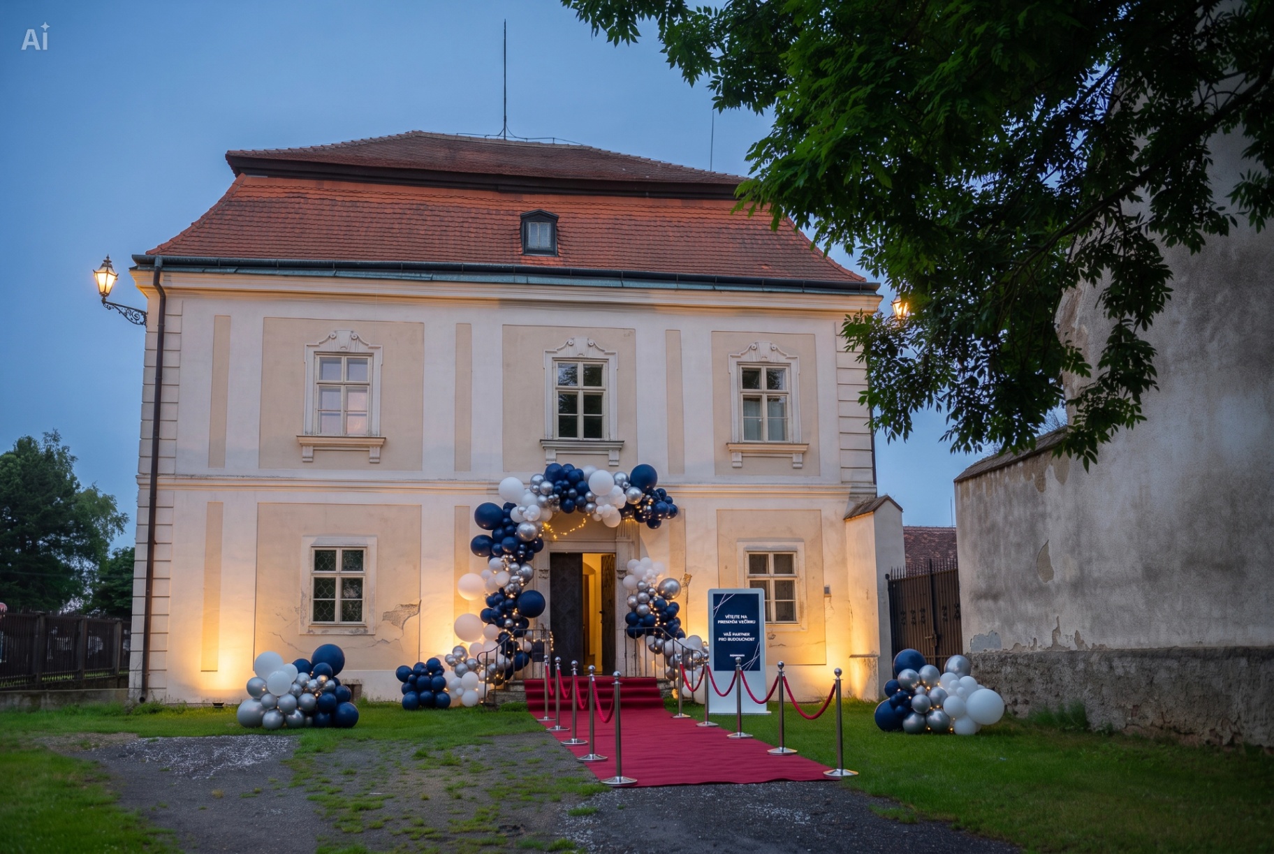 Průčelí Zámku Litohoř za soumraku s balonkovým obloukem a červeným kobercem u vstupu