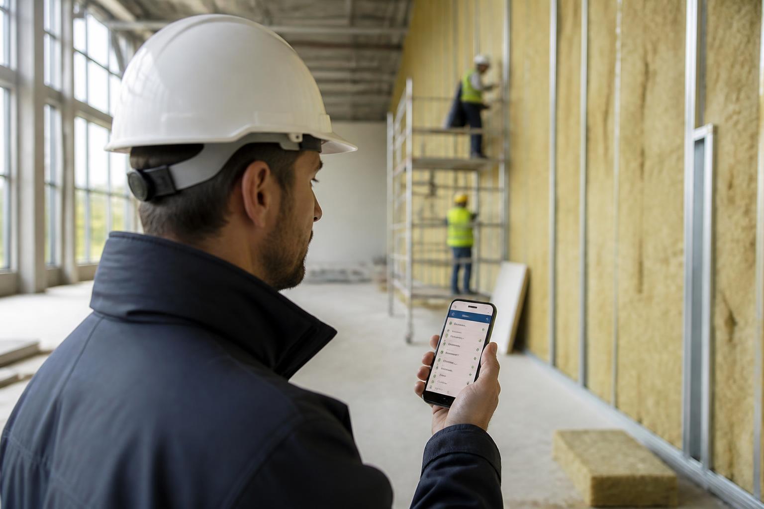 Stavbyvedoucí sleduje seznam úkolů v mobilu na stavbě